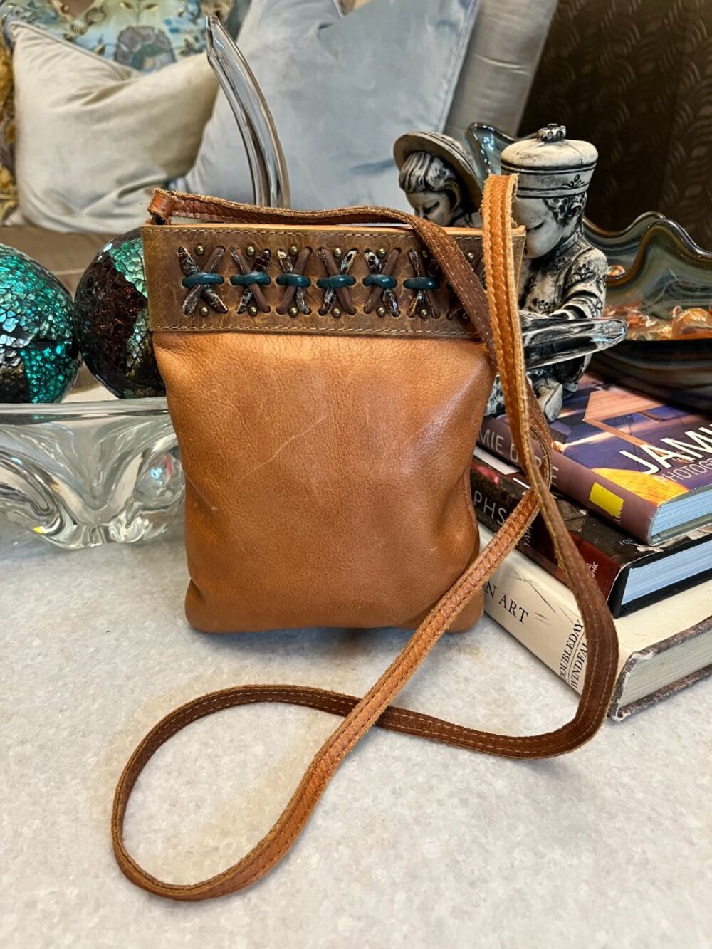 Leatherock USA tan Leather design trim Crossbody